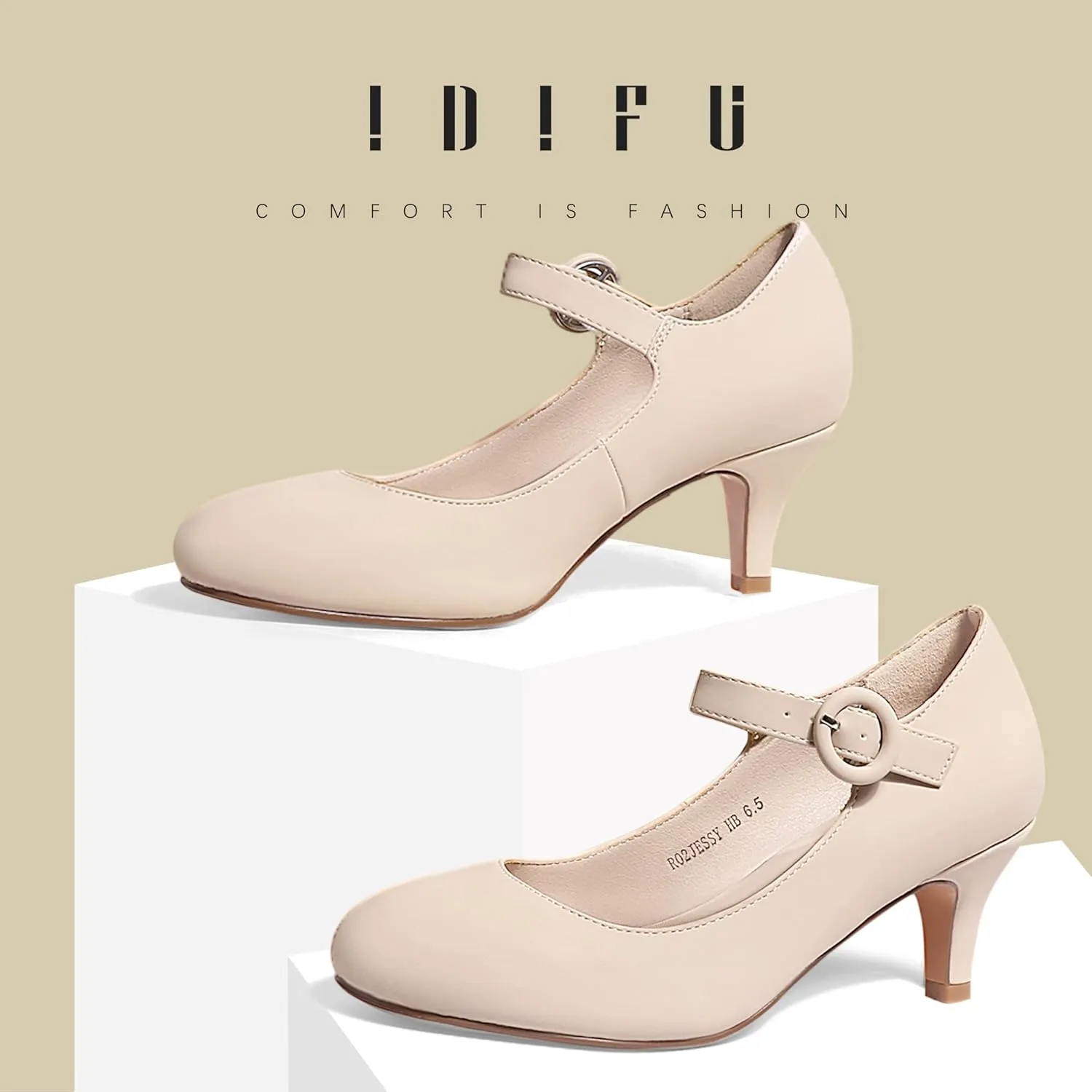 IDIFU Women's Jessy Dress Mary Jane Shoes Low Kitten Heels Closed Round Toe Office Work Wedding Pumps