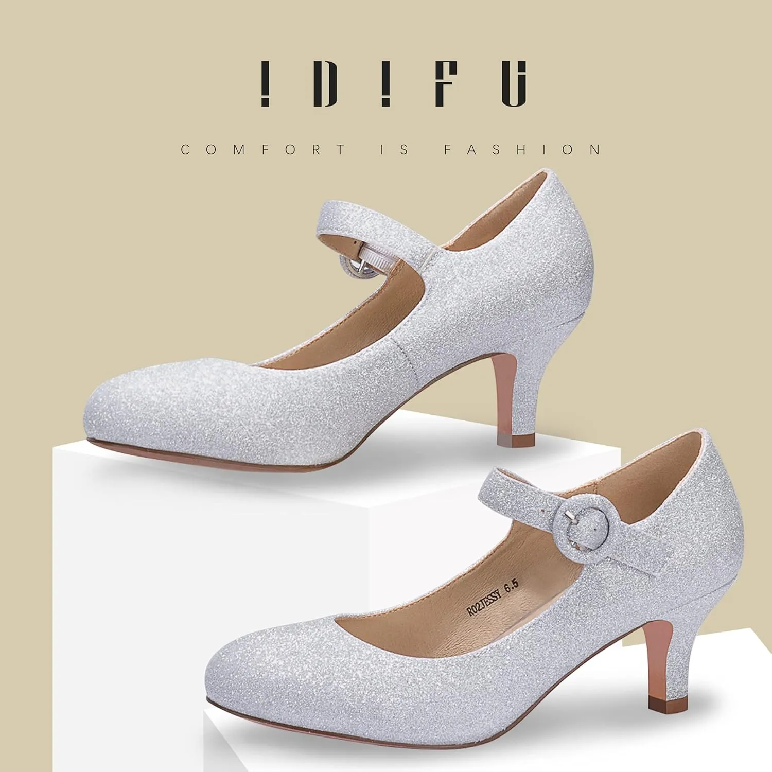IDIFU Women's Jessy Dress Mary Jane Shoes Low Kitten Heels Closed Round Toe Office Work Wedding Pumps