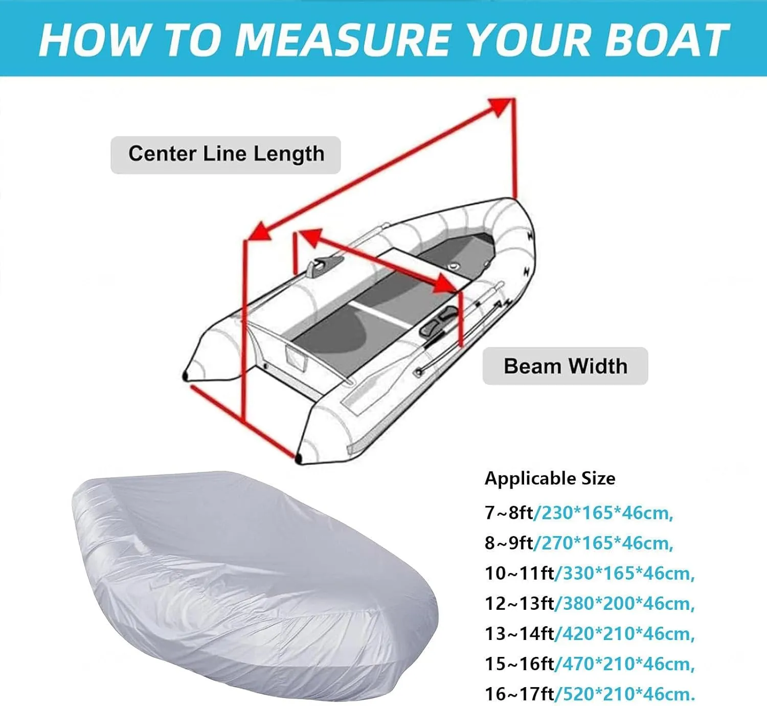 Inflatable Boat Cover 7 Sizes Boat Tarp Waterproof Anti-UV Dinghy Covers for Inflatable Boat and Dinghy,270 * 165 * 46cm