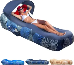 Inflatable Lounger Air Sofa with Sun Shade Cover Waterproof Inflatable Couch Chair for Camping Beach Hiking Backyard, Easy to Set Up Inflatable Couch (Navy Blue)
