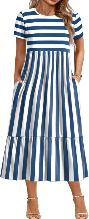 IN'VOLAND Women Plus Size Short Sleeve Dress Loose Plain Casual Summer Flowy Tiered Long Maxi Dresses with Pockets
