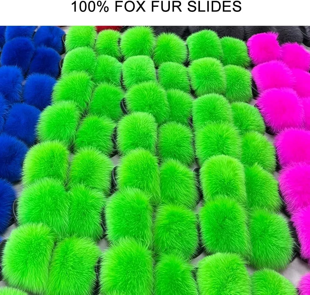 Jancoco Max Real Fox Fur Slides for Women - Fluffy Fur Slippers Open Toe Flat Sandals for Outdoor