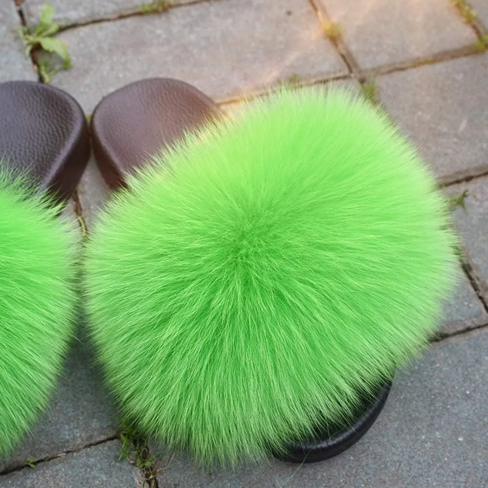 Jancoco Max Real Fox Fur Slides for Women - Fluffy Fur Slippers Open Toe Flat Sandals for Outdoor