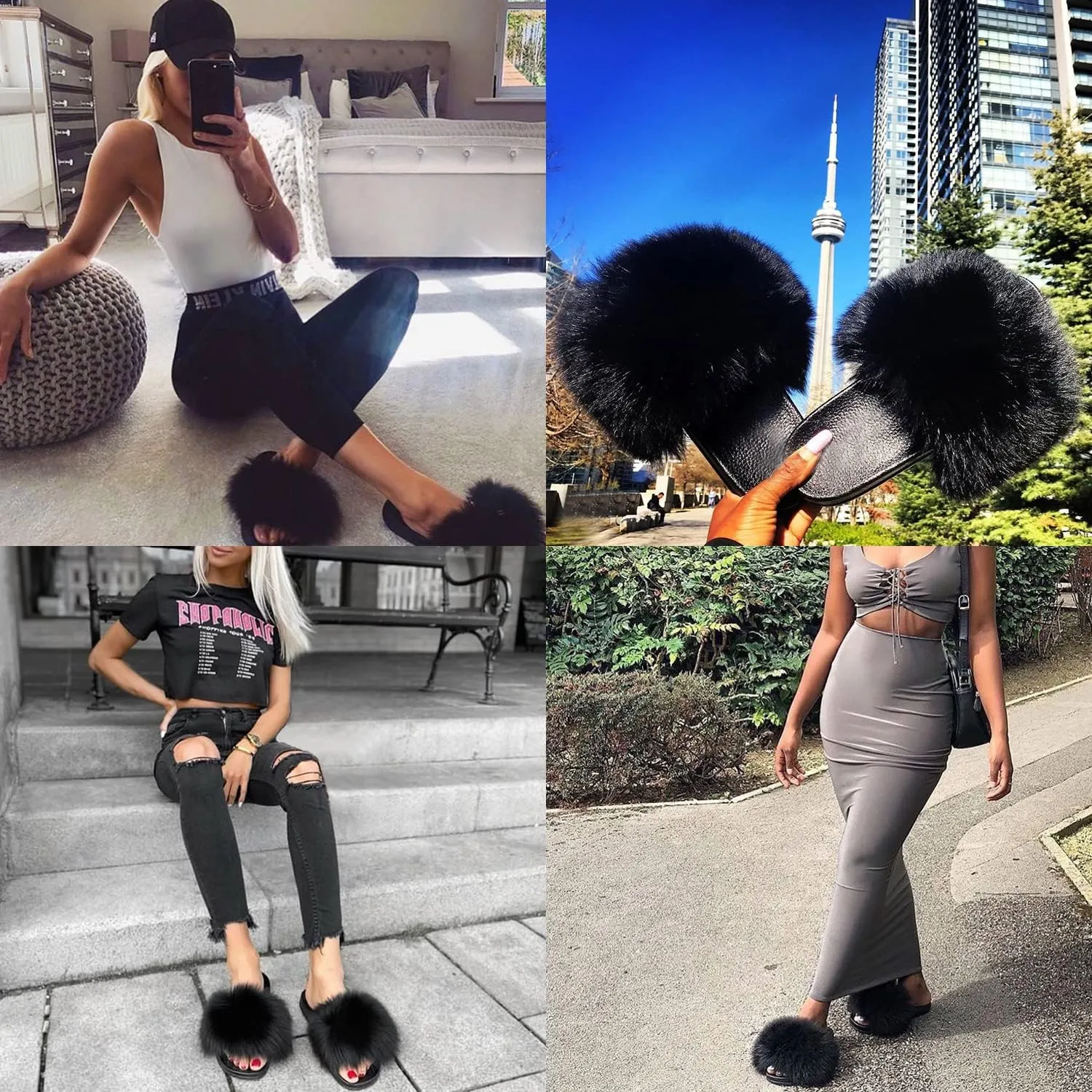 Jancoco Max Real Fox Fur Slides for Women - Fluffy Fur Slippers Open Toe Flat Sandals for Outdoor