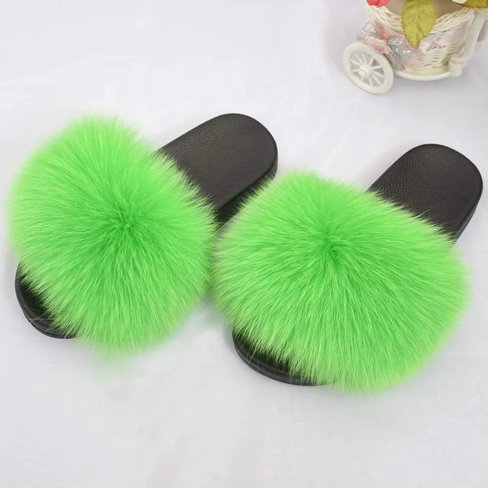 Jancoco Max Real Fox Fur Slides for Women - Fluffy Fur Slippers Open Toe Flat Sandals for Outdoor