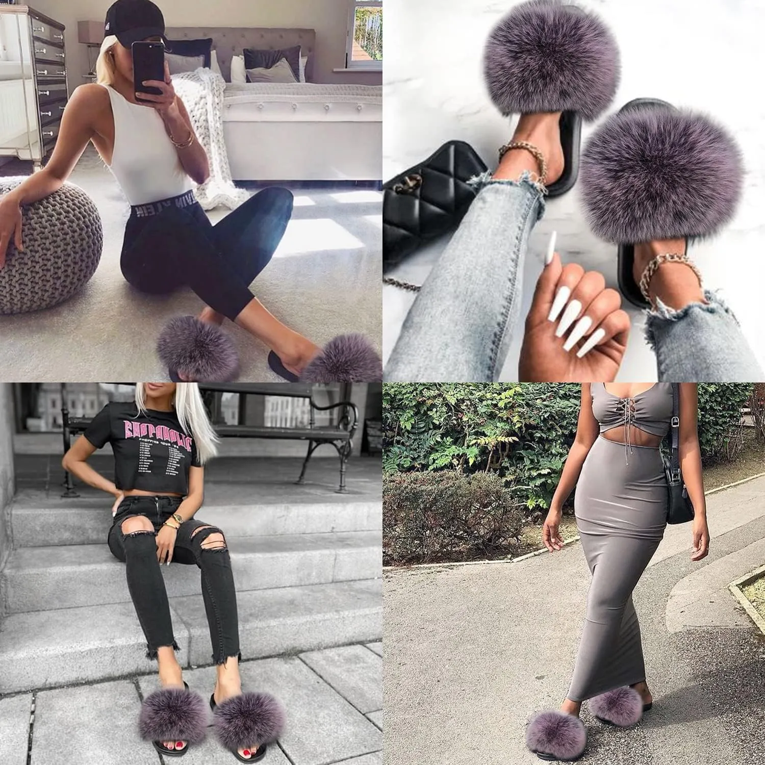 Jancoco Max Real Fox Fur Slides for Women - Fluffy Fur Slippers Open Toe Flat Sandals for Outdoor
