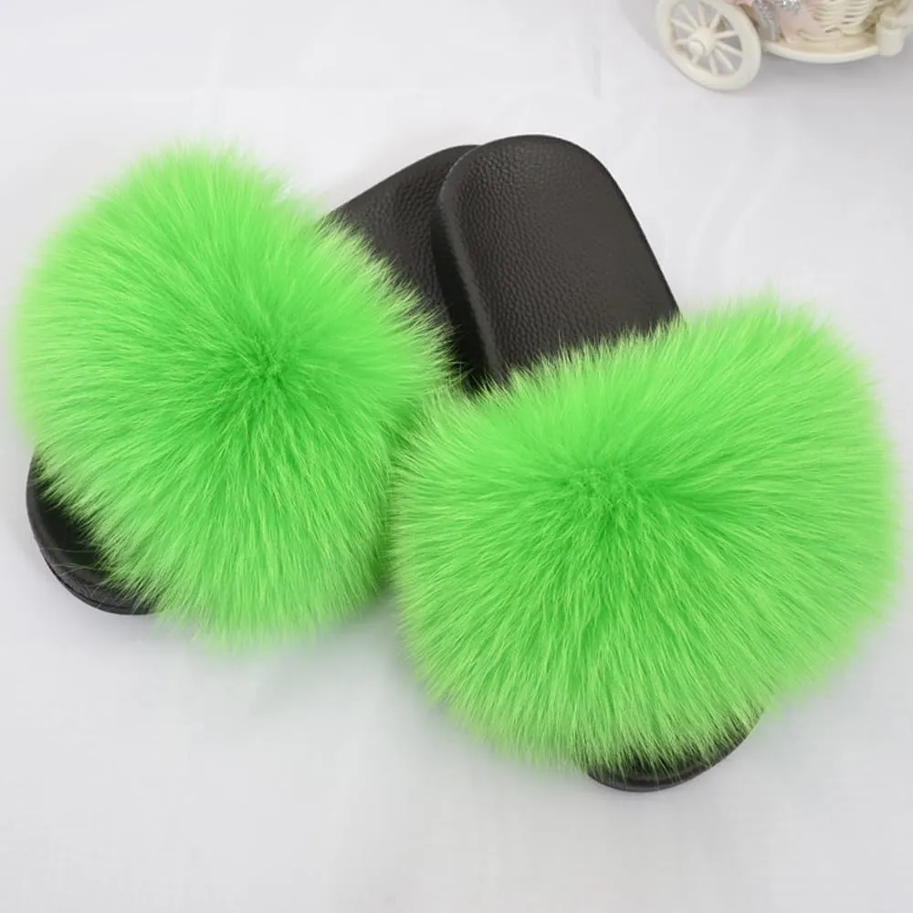 Jancoco Max Real Fox Fur Slides for Women - Fluffy Fur Slippers Open Toe Flat Sandals for Outdoor