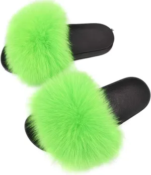 Jancoco Max Real Fox Fur Slides for Women - Fluffy Fur Slippers Open Toe Flat Sandals for Outdoor