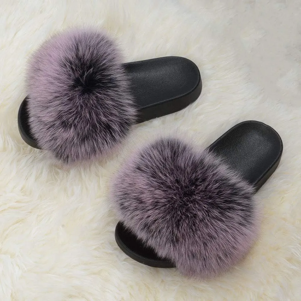 Jancoco Max Real Fox Fur Slides for Women - Fluffy Fur Slippers Open Toe Flat Sandals for Outdoor