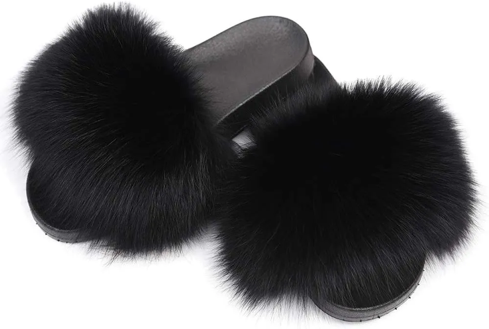 Jancoco Max Real Fox Fur Slides for Women - Fluffy Fur Slippers Open Toe Flat Sandals for Outdoor