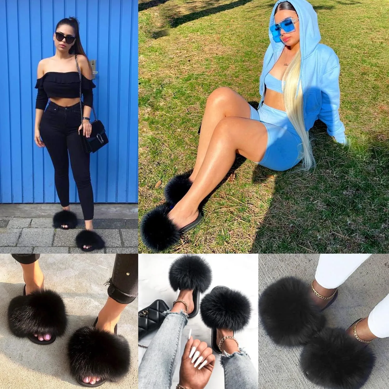 Jancoco Max Real Fox Fur Slides for Women - Fluffy Fur Slippers Open Toe Flat Sandals for Outdoor