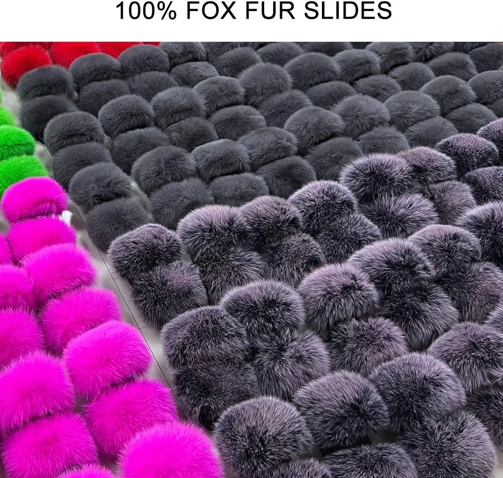 Jancoco Max Real Fox Fur Slides for Women - Fluffy Fur Slippers Open Toe Flat Sandals for Outdoor