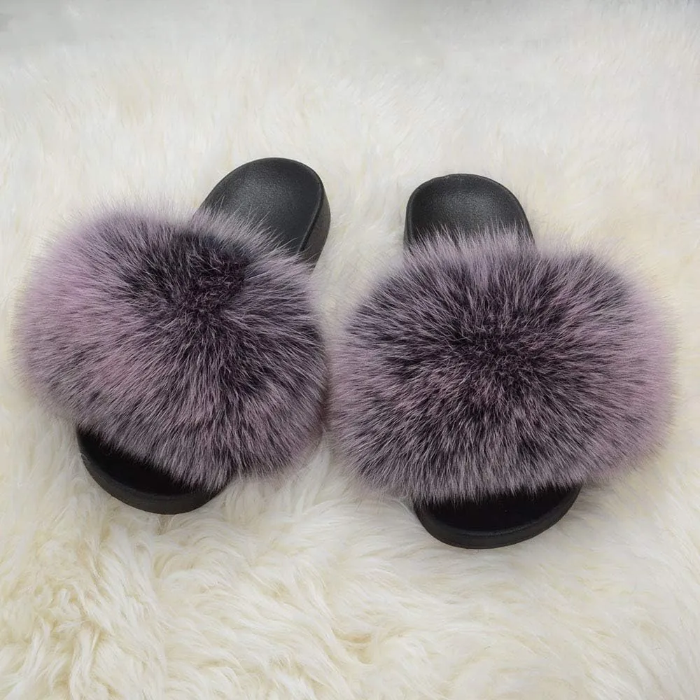 Jancoco Max Real Fox Fur Slides for Women - Fluffy Fur Slippers Open Toe Flat Sandals for Outdoor