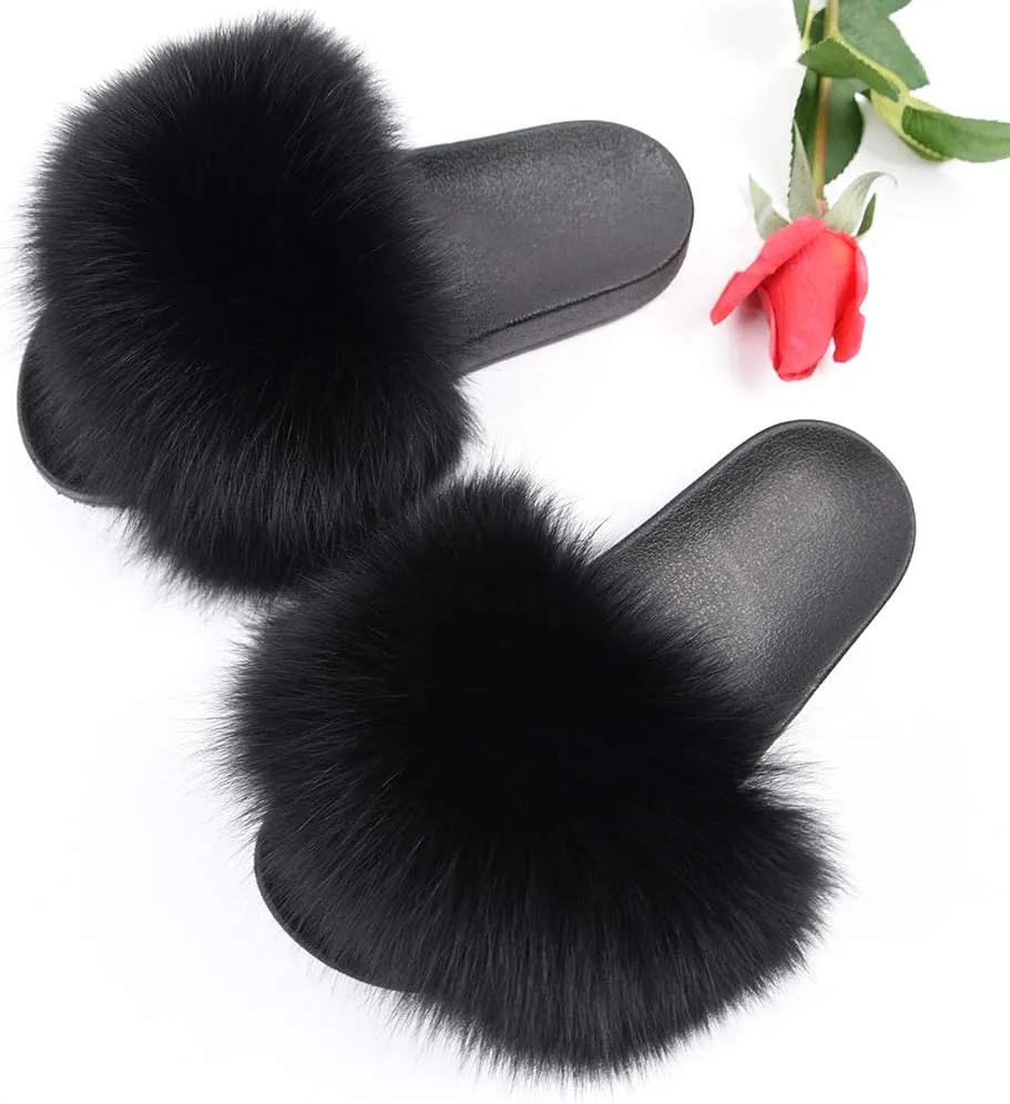 Jancoco Max Real Fox Fur Slides for Women - Fluffy Fur Slippers Open Toe Flat Sandals for Outdoor
