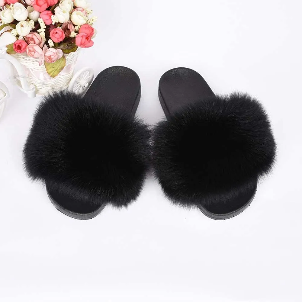 Jancoco Max Real Fox Fur Slides for Women - Fluffy Fur Slippers Open Toe Flat Sandals for Outdoor