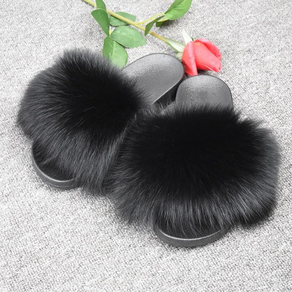 Jancoco Max Real Fox Fur Slides for Women - Fluffy Fur Slippers Open Toe Flat Sandals for Outdoor