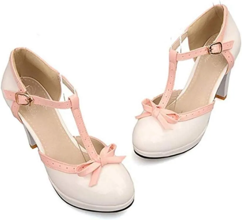 JITUUE Women's Chic Sweet Round Toe T-Strap Bows Adorable Buckle Lolita Cone Mary Janes Dress High Heel Pumps Shoes