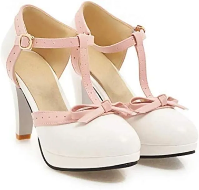 JITUUE Women's Chic Sweet Round Toe T-Strap Bows Adorable Buckle Lolita Cone Mary Janes Dress High Heel Pumps Shoes