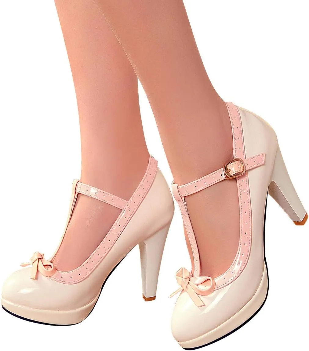 JITUUE Women's Chic Sweet Round Toe T-Strap Bows Adorable Buckle Lolita Cone Mary Janes Dress High Heel Pumps Shoes