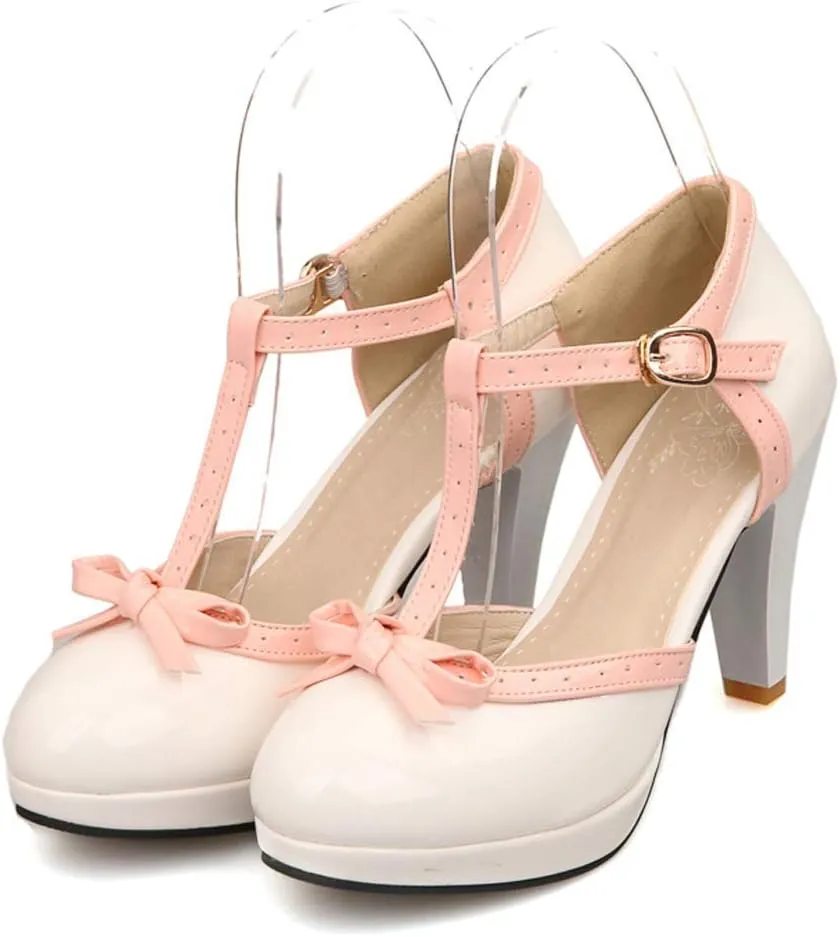 JITUUE Women's Chic Sweet Round Toe T-Strap Bows Adorable Buckle Lolita Cone Mary Janes Dress High Heel Pumps Shoes