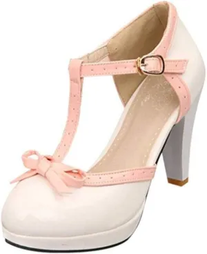 JITUUE Women's Chic Sweet Round Toe T-Strap Bows Adorable Buckle Lolita Cone Mary Janes Dress High Heel Pumps Shoes