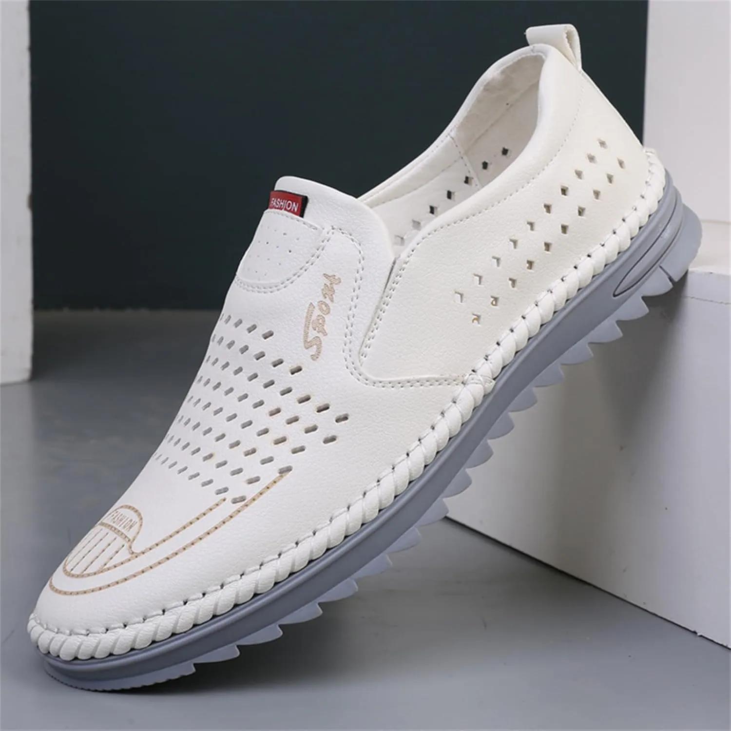 JiuQing Men's Loafers Slip-On Leather Sandals Soft Breathable Summer Walking Casual Driving Shoes