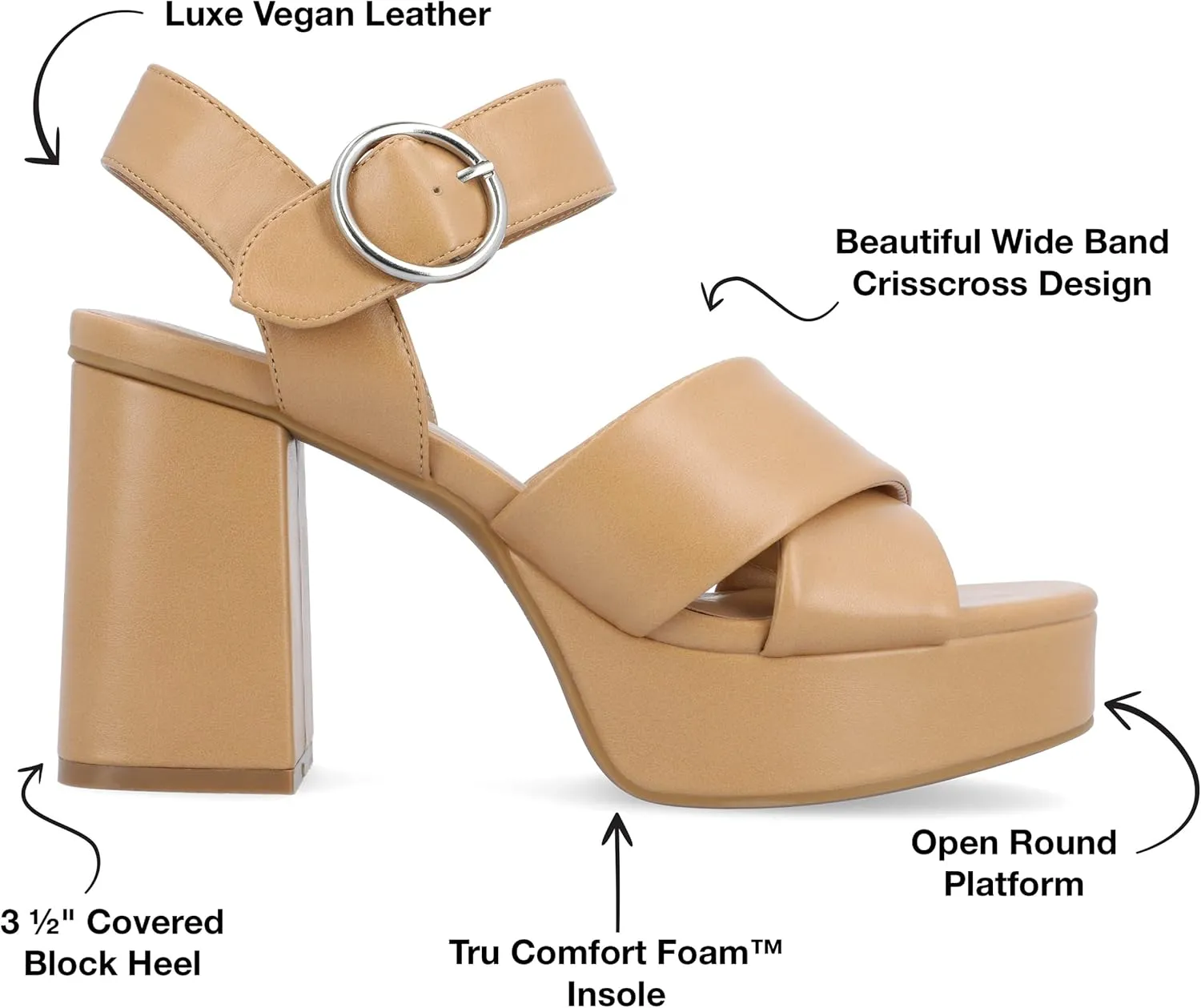 Journee Collection Women's Akeely Platform Sandals Buckle Ankle Strap Chunky Block Heel Crisscross Straps Open Round Toe