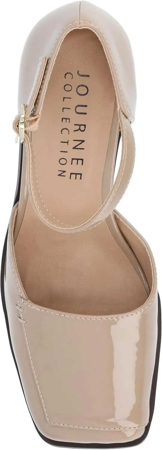 Journee Collection Womens Buckle Strap Open Square Toe Chunky Stacked Block Heel Evangeline Comfort Foam Pumps