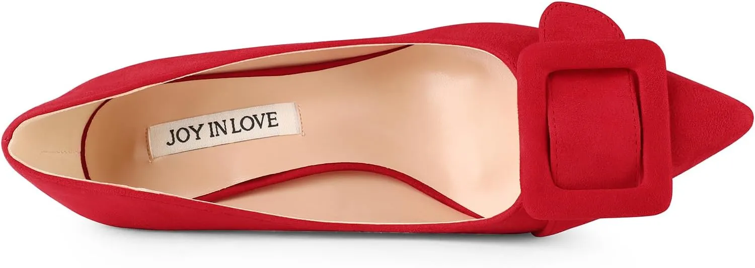 JOY IN LOVE Women's Kitten Heel Pumps Pointed Toe Square-Buckle Office Dress Pump Shoes