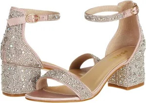 J's.o.l.e Women's Fashion Ankle Strap Rhinestone Block Heeled Sandals Party Evening Prom Bridal Shoes