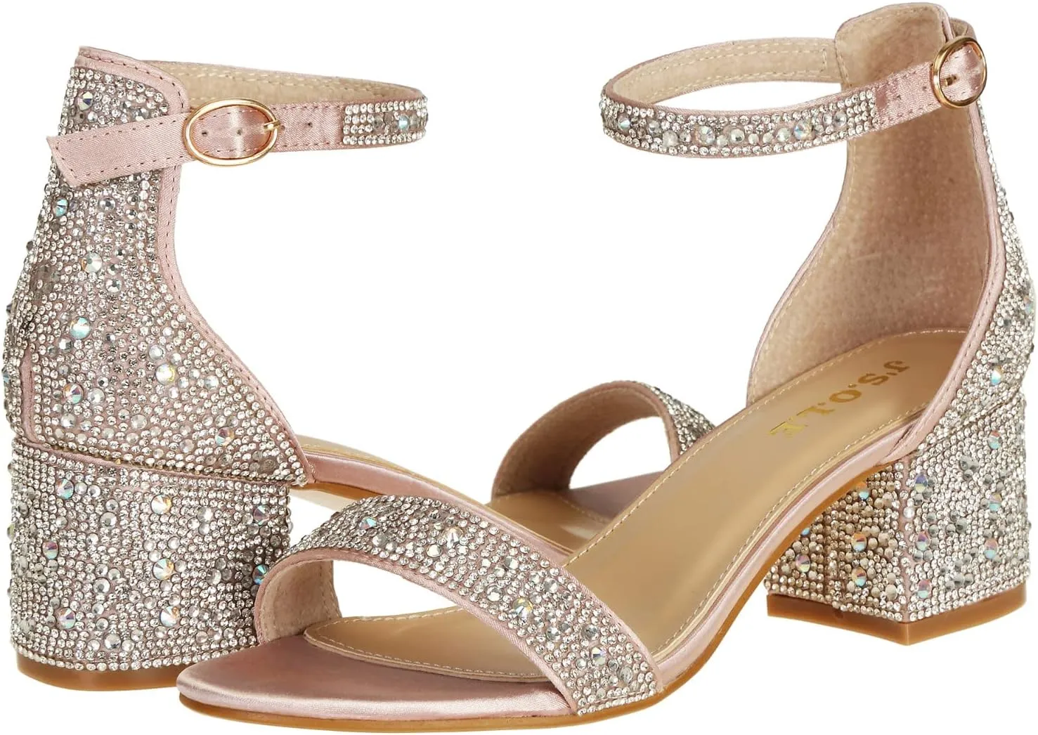 J's.o.l.e Women's Fashion Ankle Strap Rhinestone Block Heeled Sandals Party Evening Prom Bridal Shoes