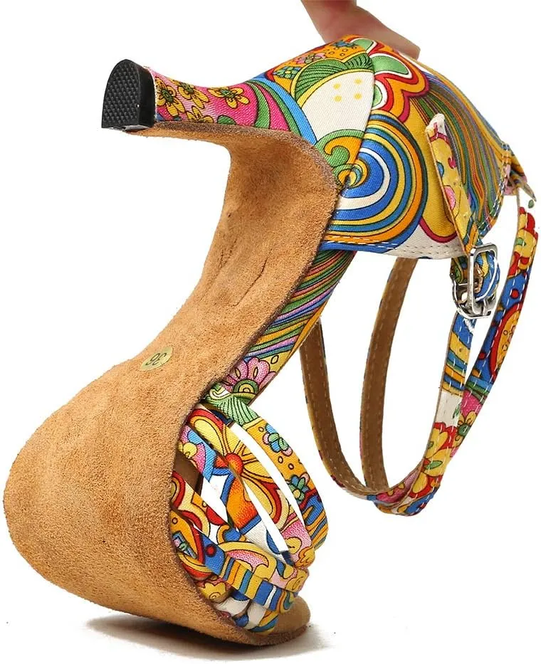 JUODVMP Women's Latin Salsa Shoes Colorful Print Satin Cross-Strap Ballroom Heels Model L255