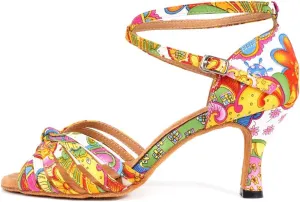 JUODVMP Women's Latin Salsa Shoes Colorful Print Satin Cross-Strap Ballroom Heels Model L255
