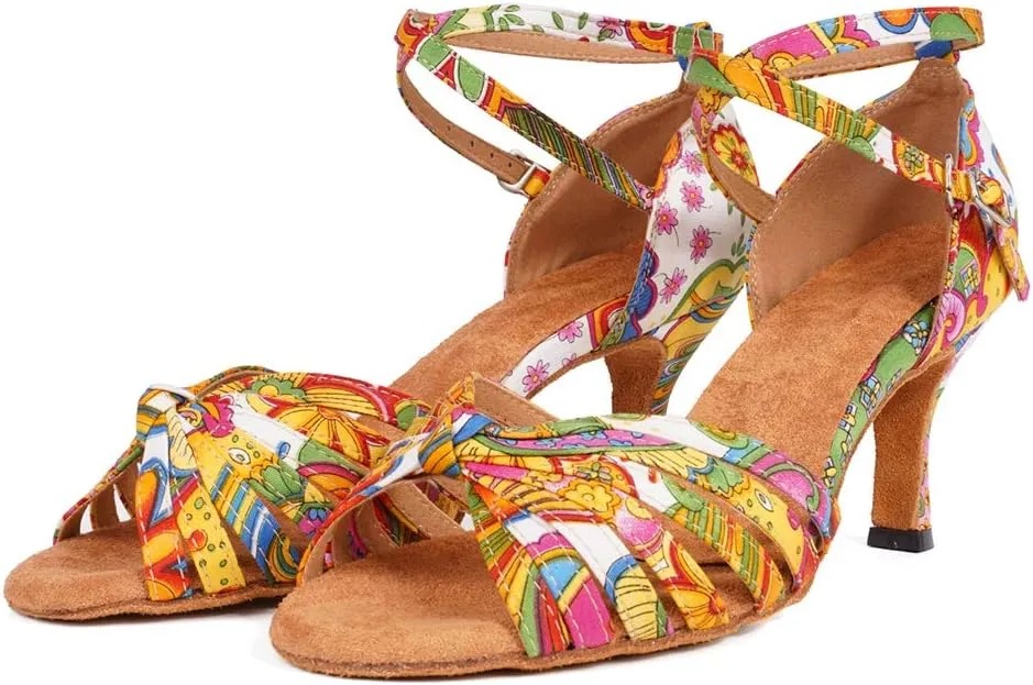 JUODVMP Women's Latin Salsa Shoes Colorful Print Satin Cross-Strap Ballroom Heels Model L255