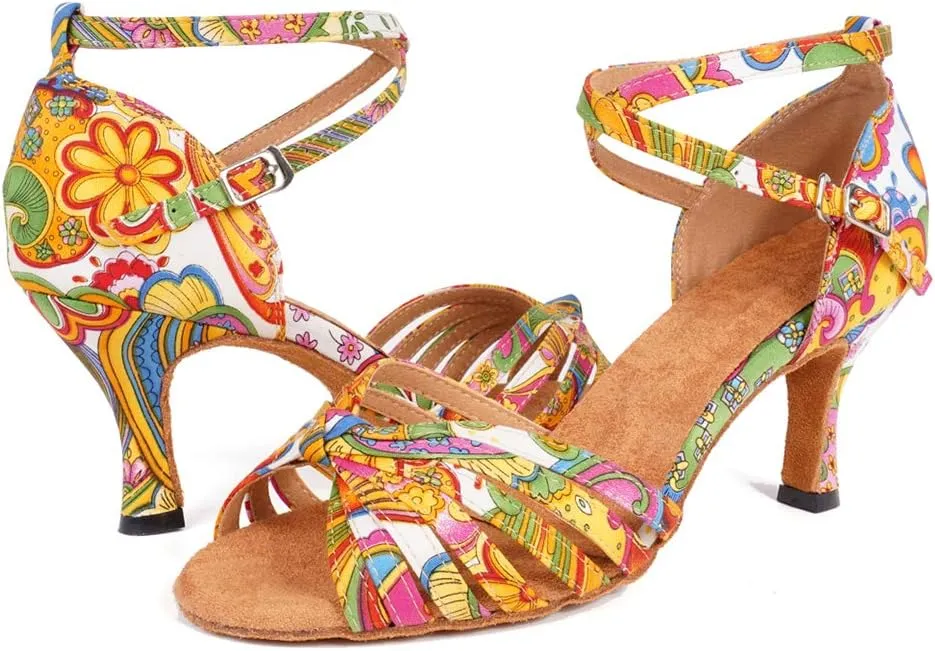 JUODVMP Women's Latin Salsa Shoes Colorful Print Satin Cross-Strap Ballroom Heels Model L255