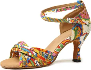 JUODVMP Women's Latin Salsa Shoes Colorful Print Satin Cross-Strap Ballroom Heels Model L255
