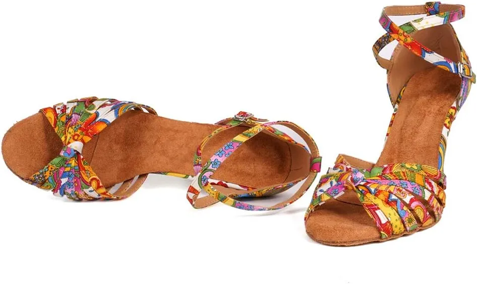 JUODVMP Women's Latin Salsa Shoes Colorful Print Satin Cross-Strap Ballroom Heels Model L255