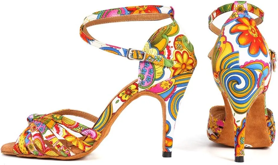 JUODVMP Women's Latin Salsa Shoes Colorful Print Satin Cross-Strap Ballroom Heels Model L255