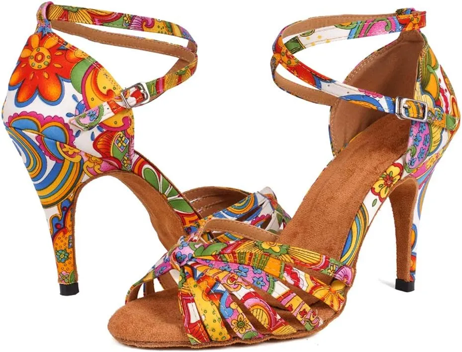 JUODVMP Women's Latin Salsa Shoes Colorful Print Satin Cross-Strap Ballroom Heels Model L255