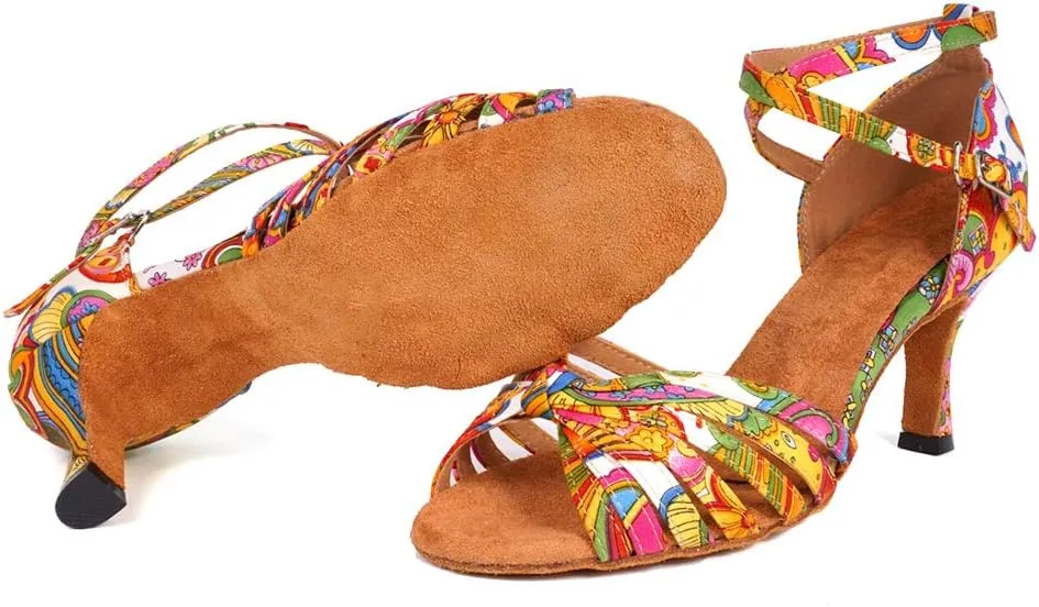 JUODVMP Women's Latin Salsa Shoes Colorful Print Satin Cross-Strap Ballroom Heels Model L255