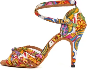 JUODVMP Women's Latin Salsa Shoes Colorful Print Satin Cross-Strap Ballroom Heels Model L255