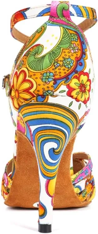 JUODVMP Women's Latin Salsa Shoes Colorful Print Satin Cross-Strap Ballroom Heels Model L255