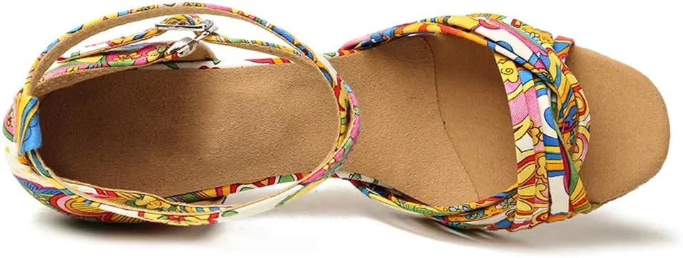 JUODVMP Women's Latin Salsa Shoes Colorful Print Satin Cross-Strap Ballroom Heels Model L255