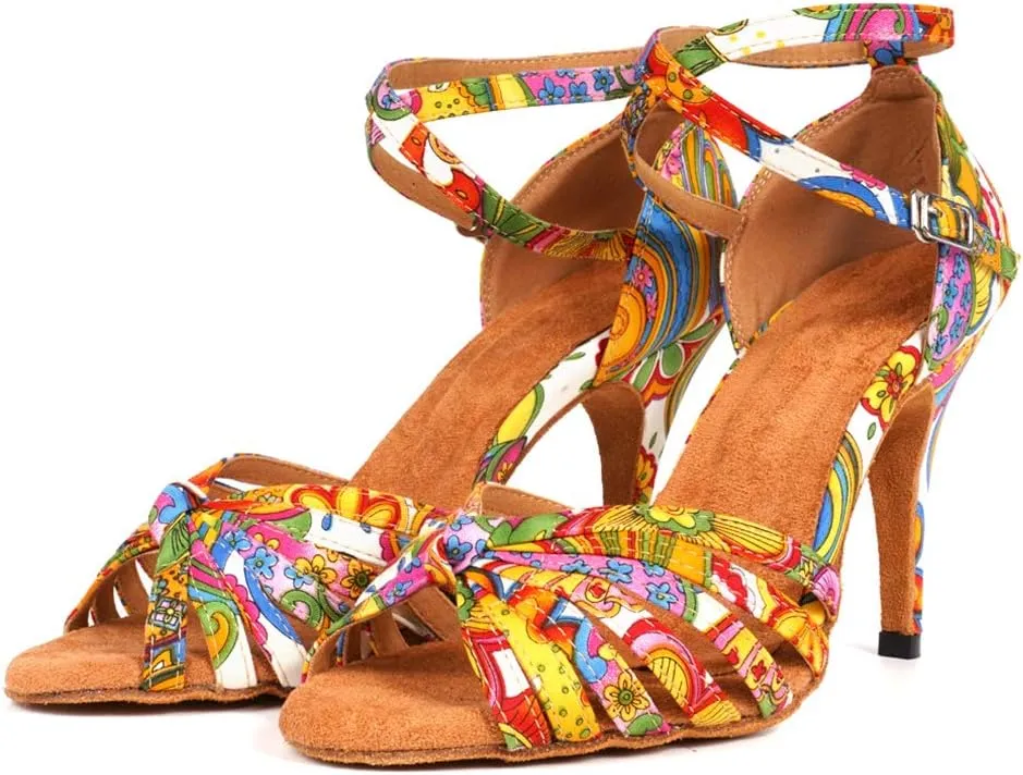JUODVMP Women's Latin Salsa Shoes Colorful Print Satin Cross-Strap Ballroom Heels Model L255