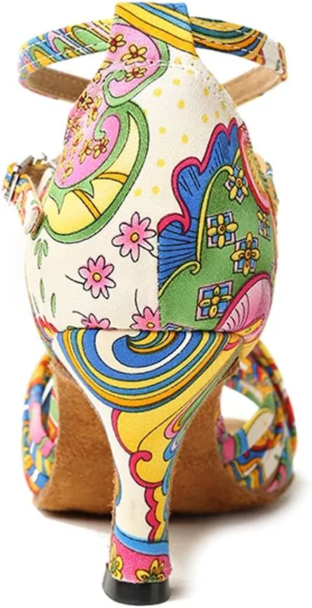 JUODVMP Women's Latin Salsa Shoes Colorful Print Satin Cross-Strap Ballroom Heels Model L255