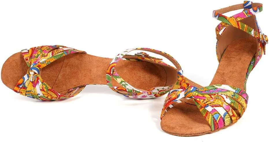JUODVMP Women's Latin Salsa Shoes Colorful Print Satin Cross-Strap Ballroom Heels Model L255