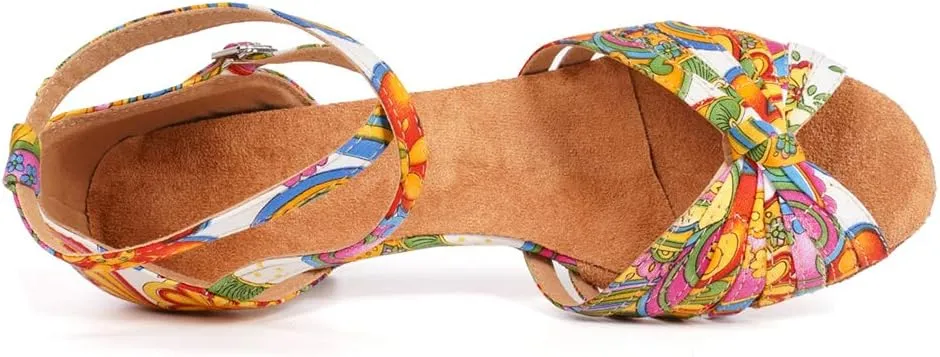 JUODVMP Women's Latin Salsa Shoes Colorful Print Satin Cross-Strap Ballroom Heels Model L255