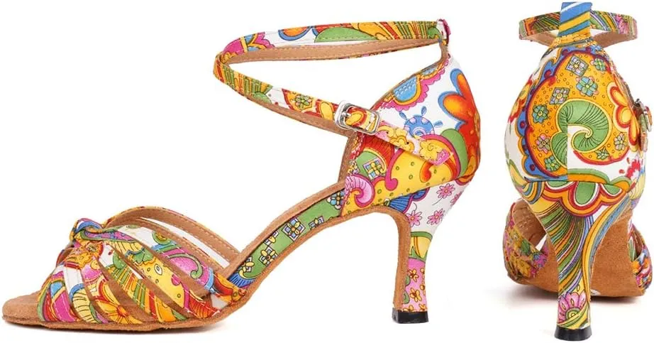JUODVMP Women's Latin Salsa Shoes Colorful Print Satin Cross-Strap Ballroom Heels Model L255