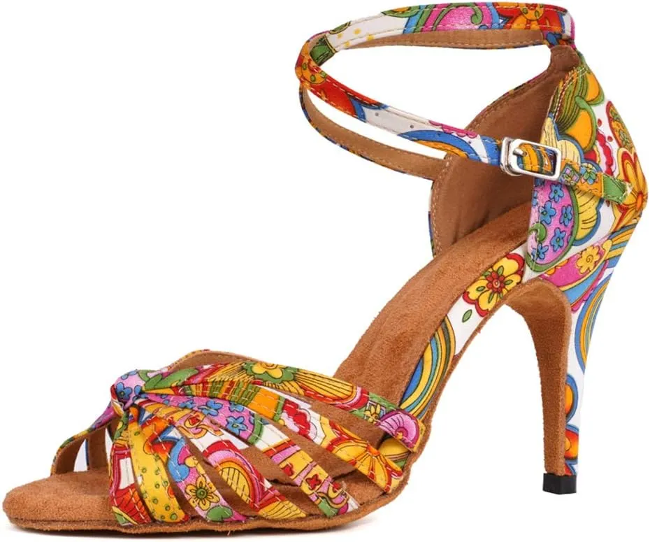 JUODVMP Women's Latin Salsa Shoes Colorful Print Satin Cross-Strap Ballroom Heels Model L255