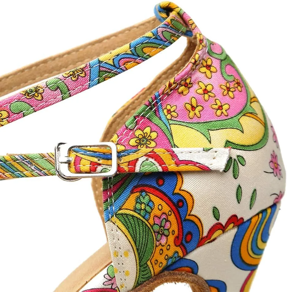 JUODVMP Women's Latin Salsa Shoes Colorful Print Satin Cross-Strap Ballroom Heels Model L255